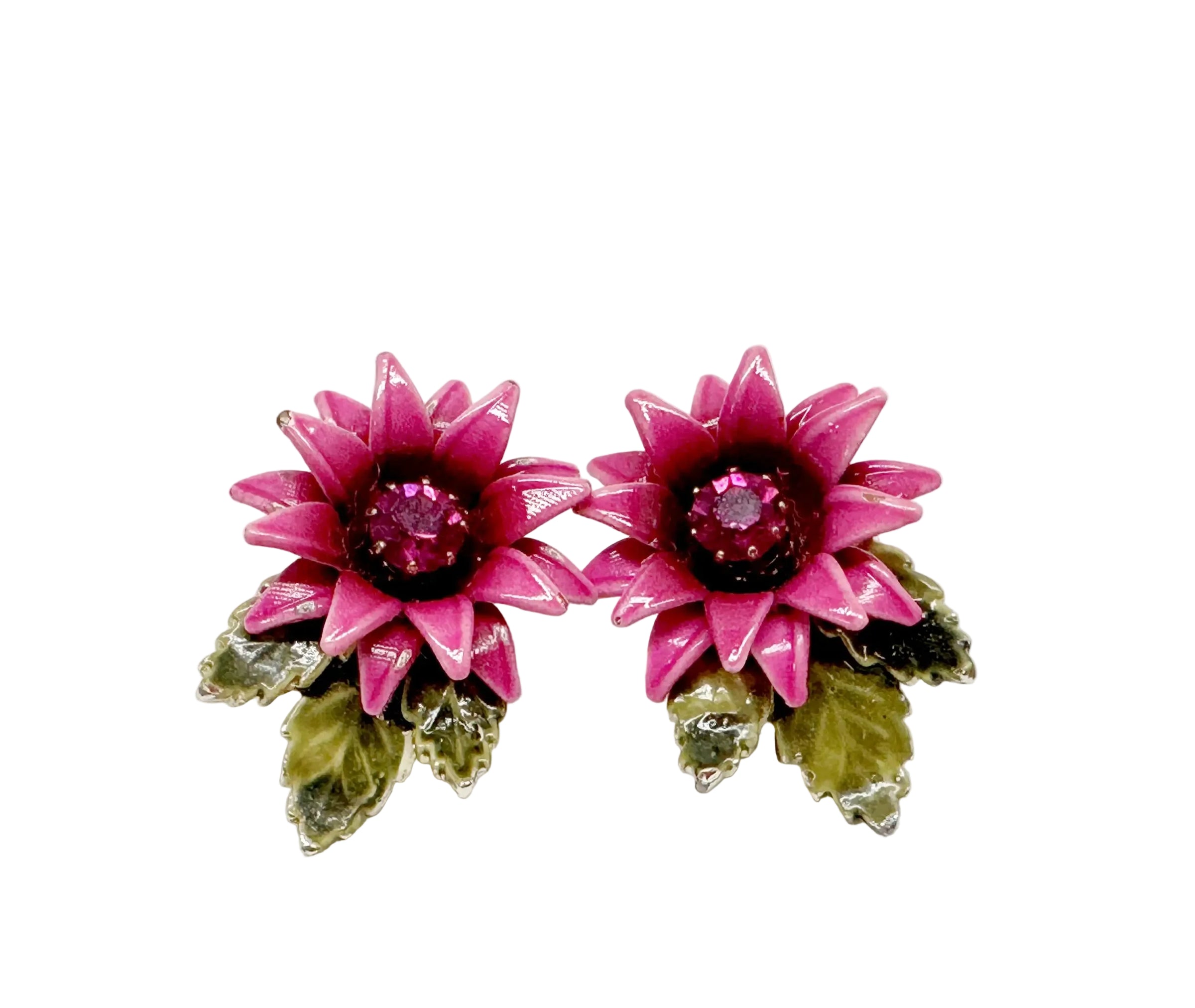 Coro Pink and Green Enamel Flower Clip-On Earrings - Hers and His Treasures