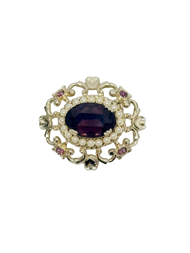 Vintage CORO Victorian Style Royal Purple Rhinestone and Pearl Brooch - Hers and His Treasures