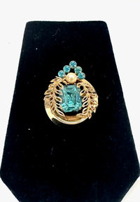 Coro Blue Rhinestone and Pearl Gold Tone Brooch - Hers and His Treasures