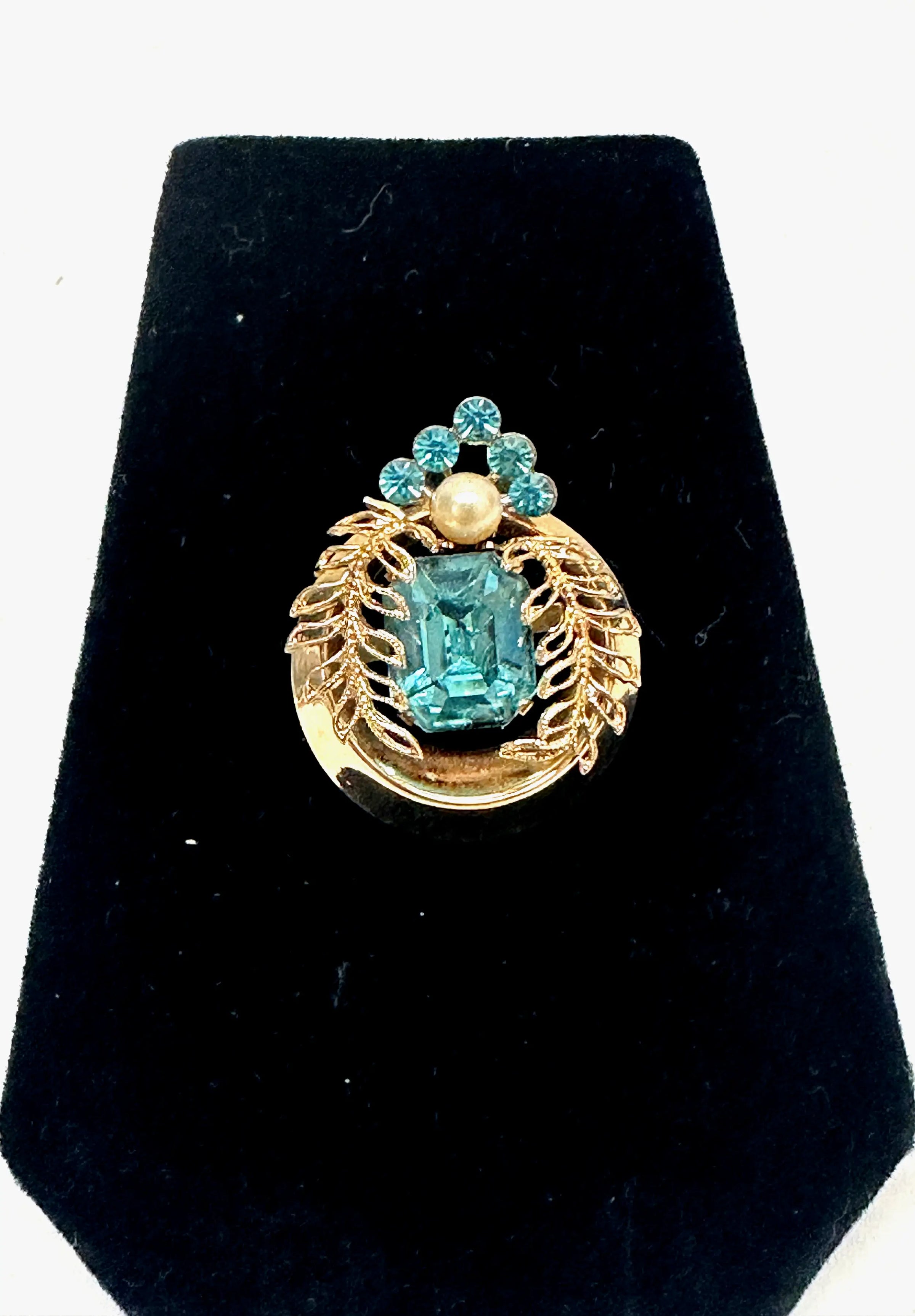 Coro Blue Rhinestone and Pearl Gold Tone Brooch - Hers and His Treasures