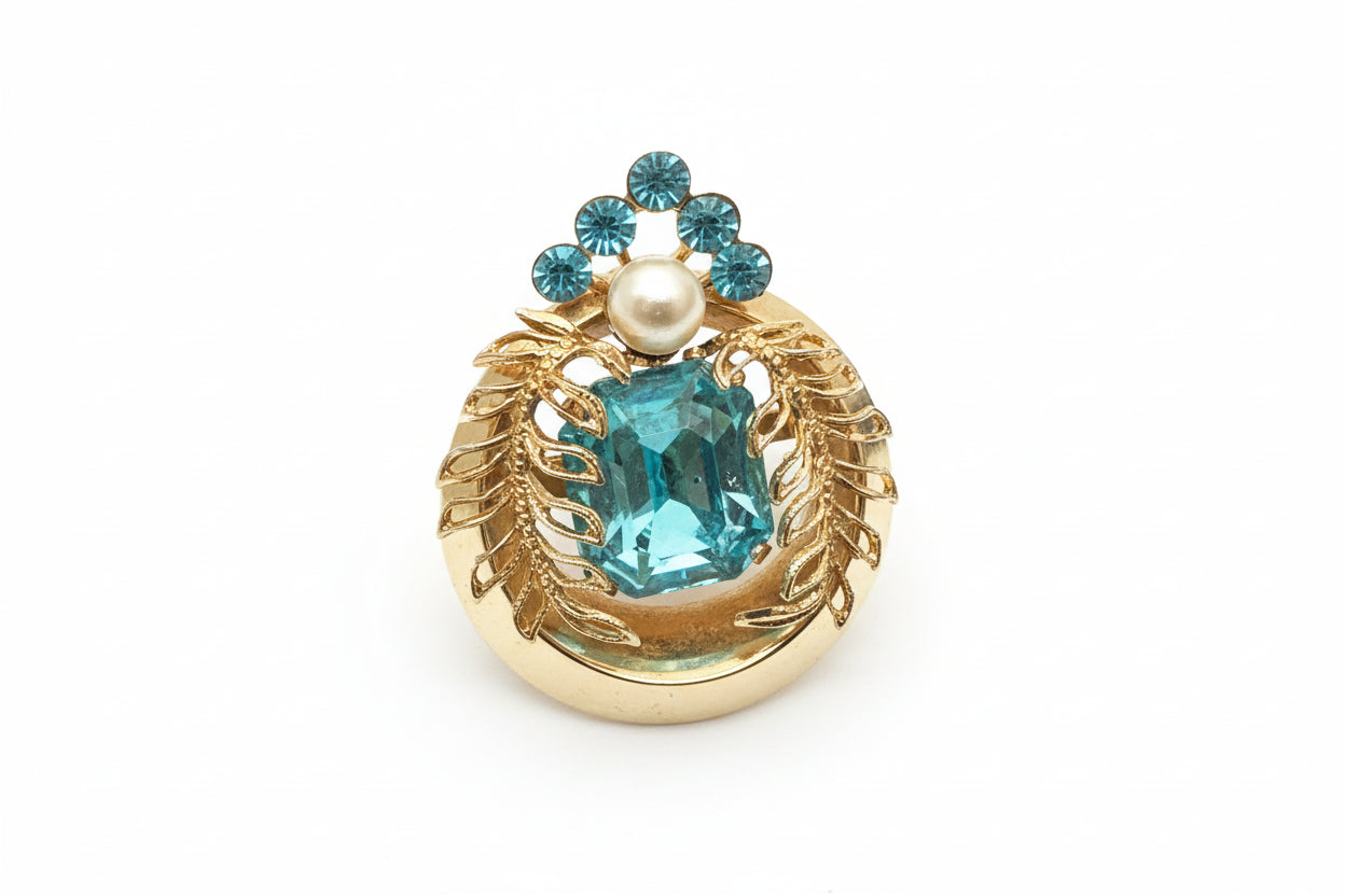 Coro Blue Rhinestone and Pearl Gold Tone Brooch - Hers and His Treasures