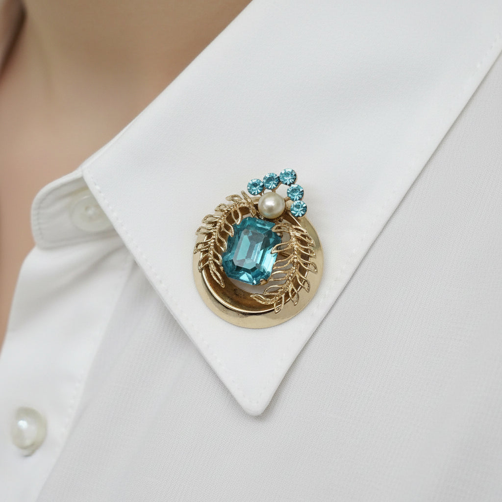 Coro Blue Rhinestone and Pearl Gold Tone Brooch - Hers and His Treasures