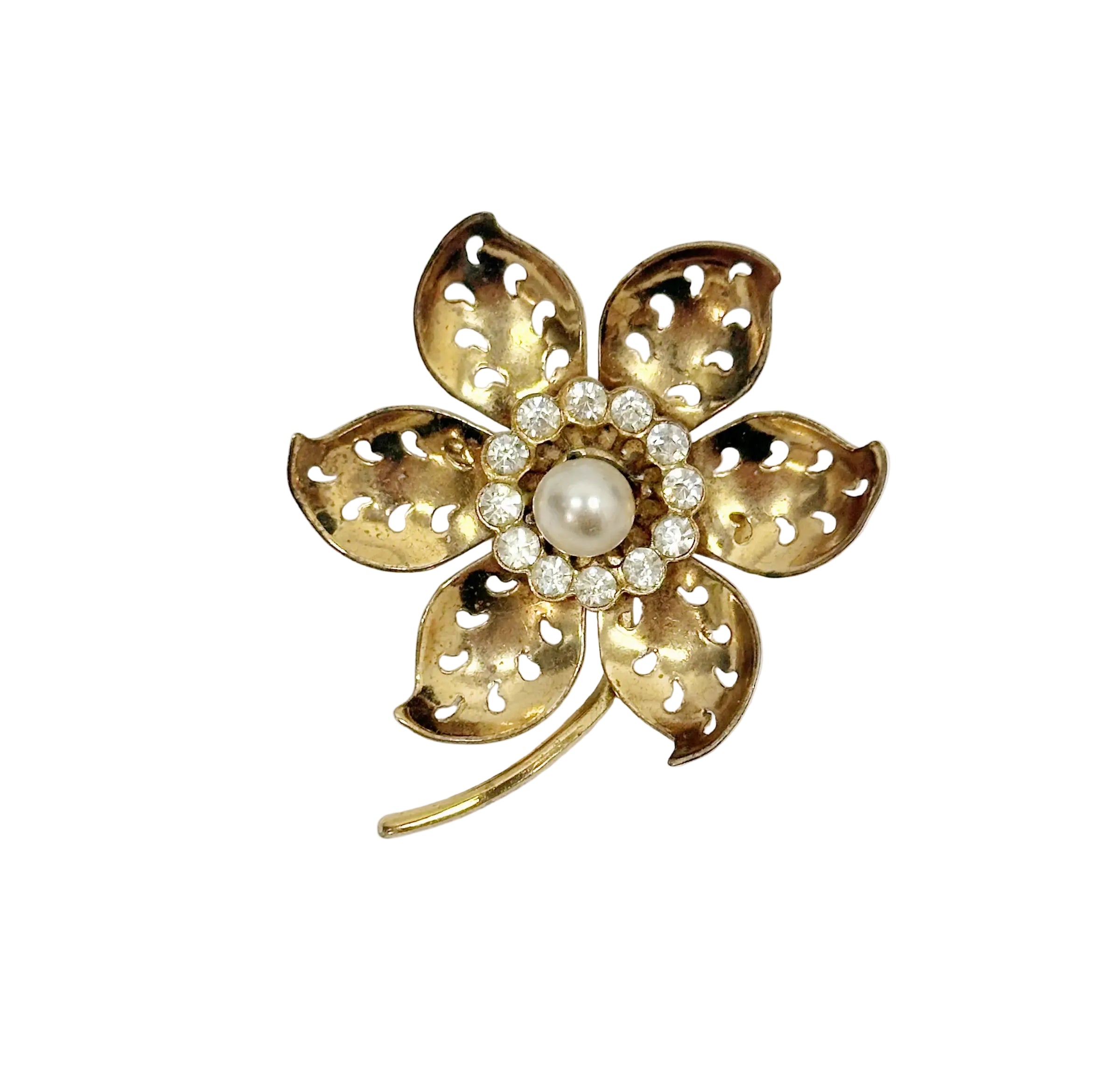 CORO Gold Tone Open Work Rhinestone and Pearl Flower Brooch - Hers and His Treasures