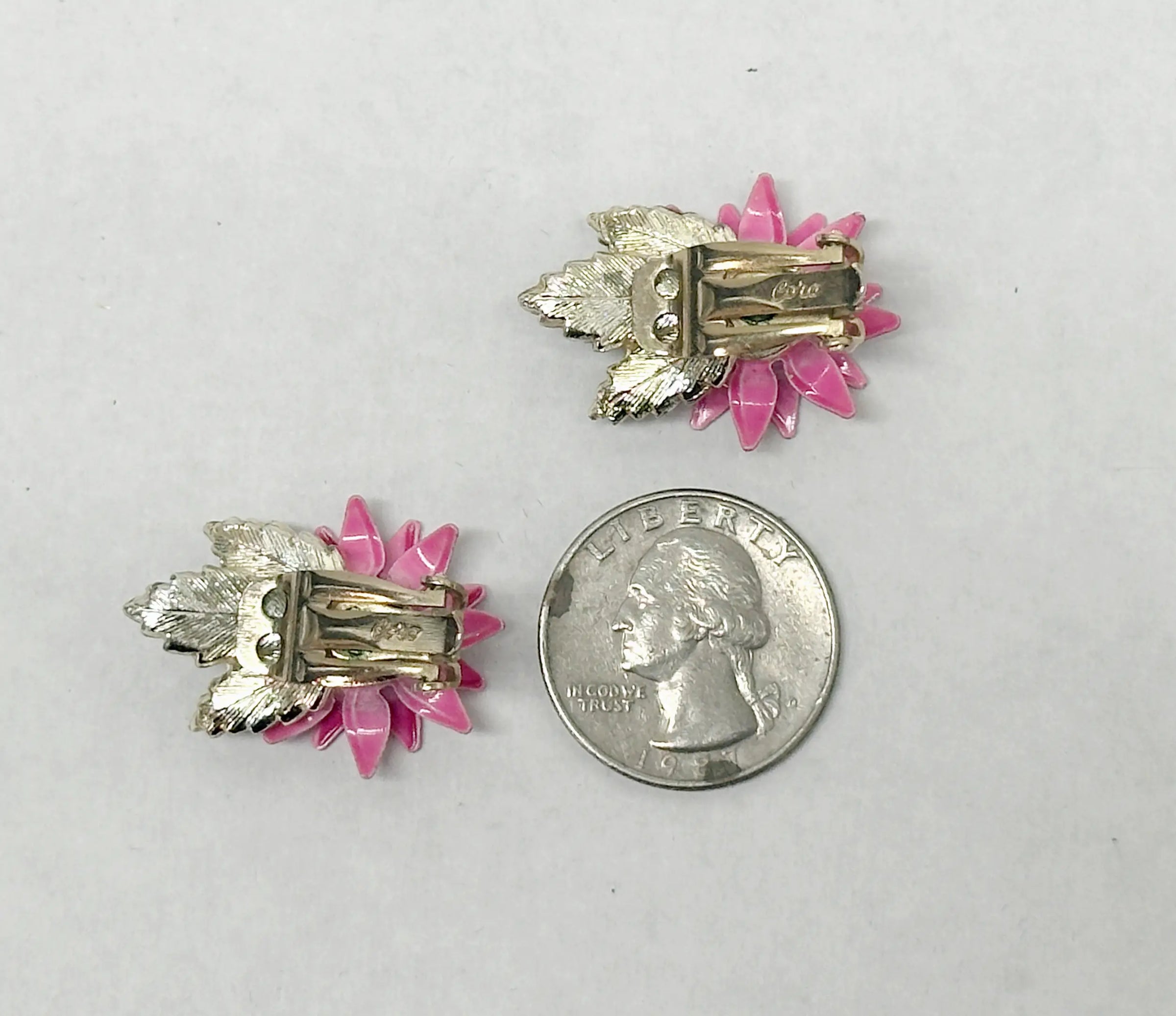 Coro Pink and Green Enamel Flower Clip-On Earrings - Hers and His Treasures