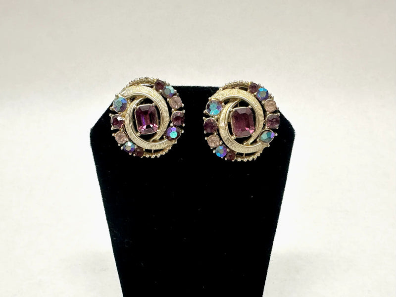 Vintage CORO Purple AB and Pink Rhinestone Clip-On Earrings - Hers and His Treasures