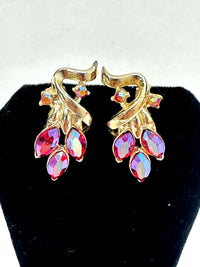 Coro Red AB Rhinestone Leaf Gold Tone Clip-On Earrings - Hers and His Treasures