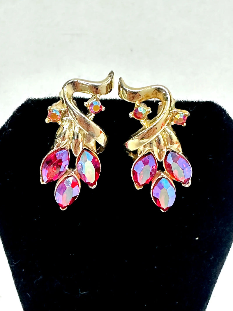 Coro Red AB Rhinestone Leaf Gold Tone Clip-On Earrings - Hers and His Treasures