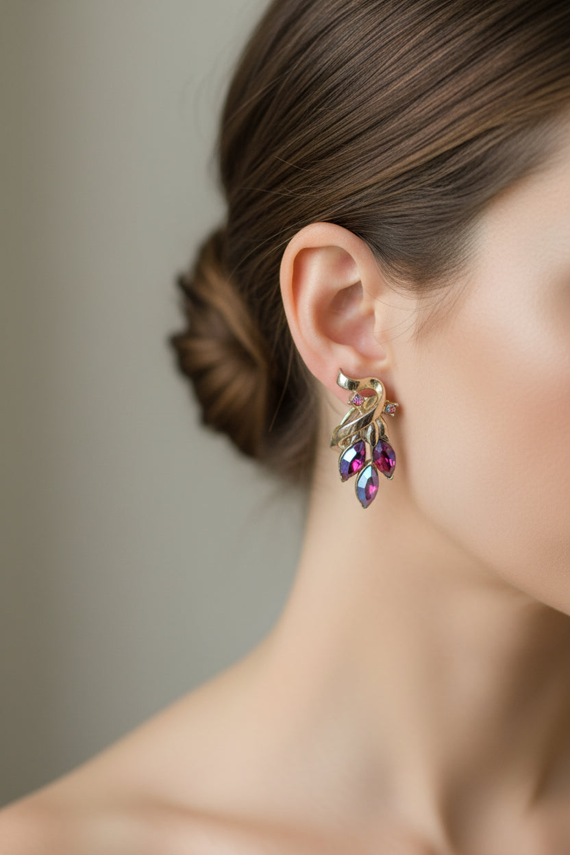 Coro Red AB Rhinestone Leaf Gold Tone Clip-On Earrings - Hers and His Treasures