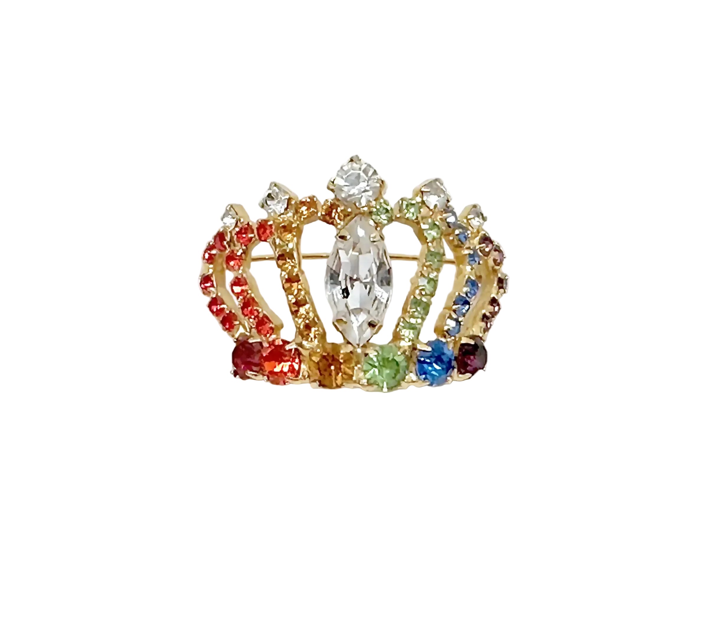 Dorothy Bauer Multi-Color Rhinestone Crown Brooch - Hers and His Treasures
