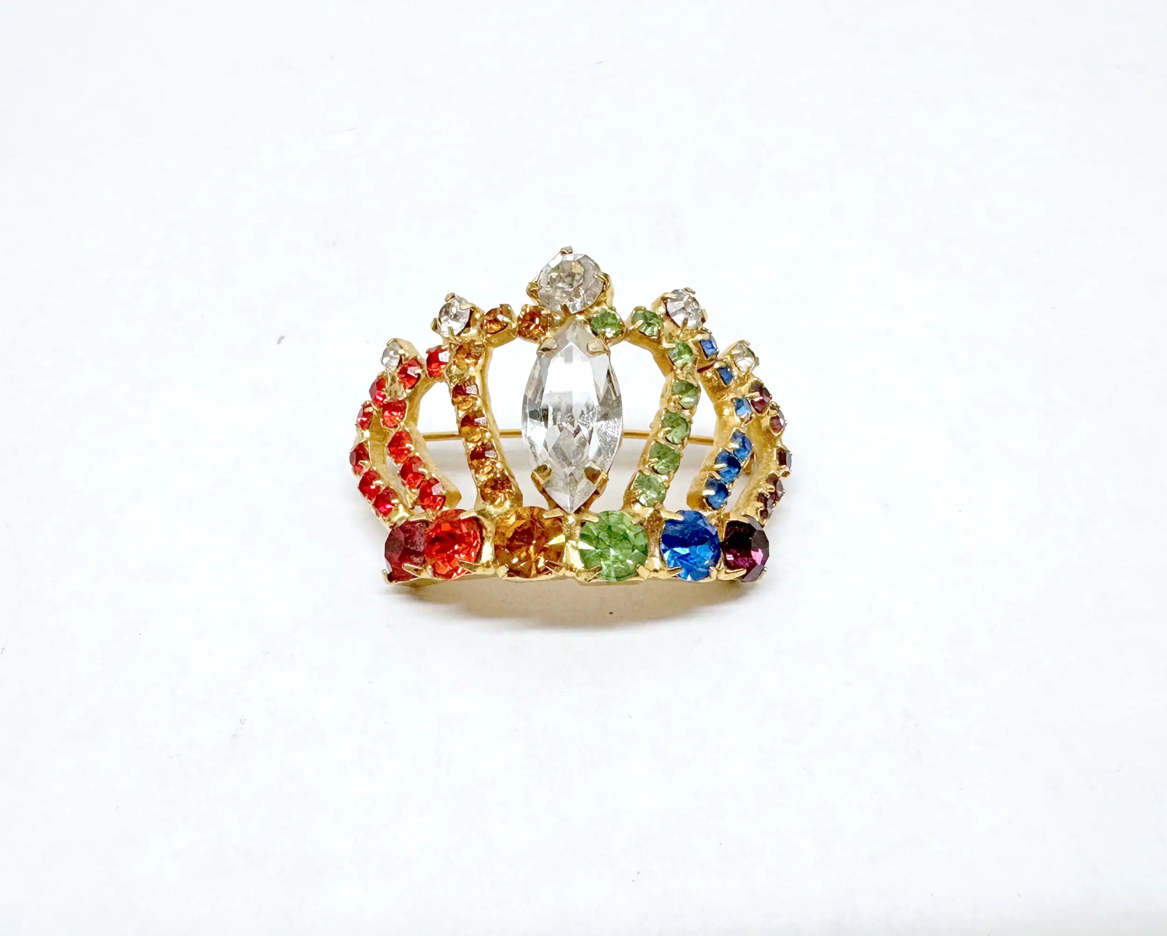 Dorothy Bauer Multi-Color Rhinestone Crown Brooch - Hers and His Treasures