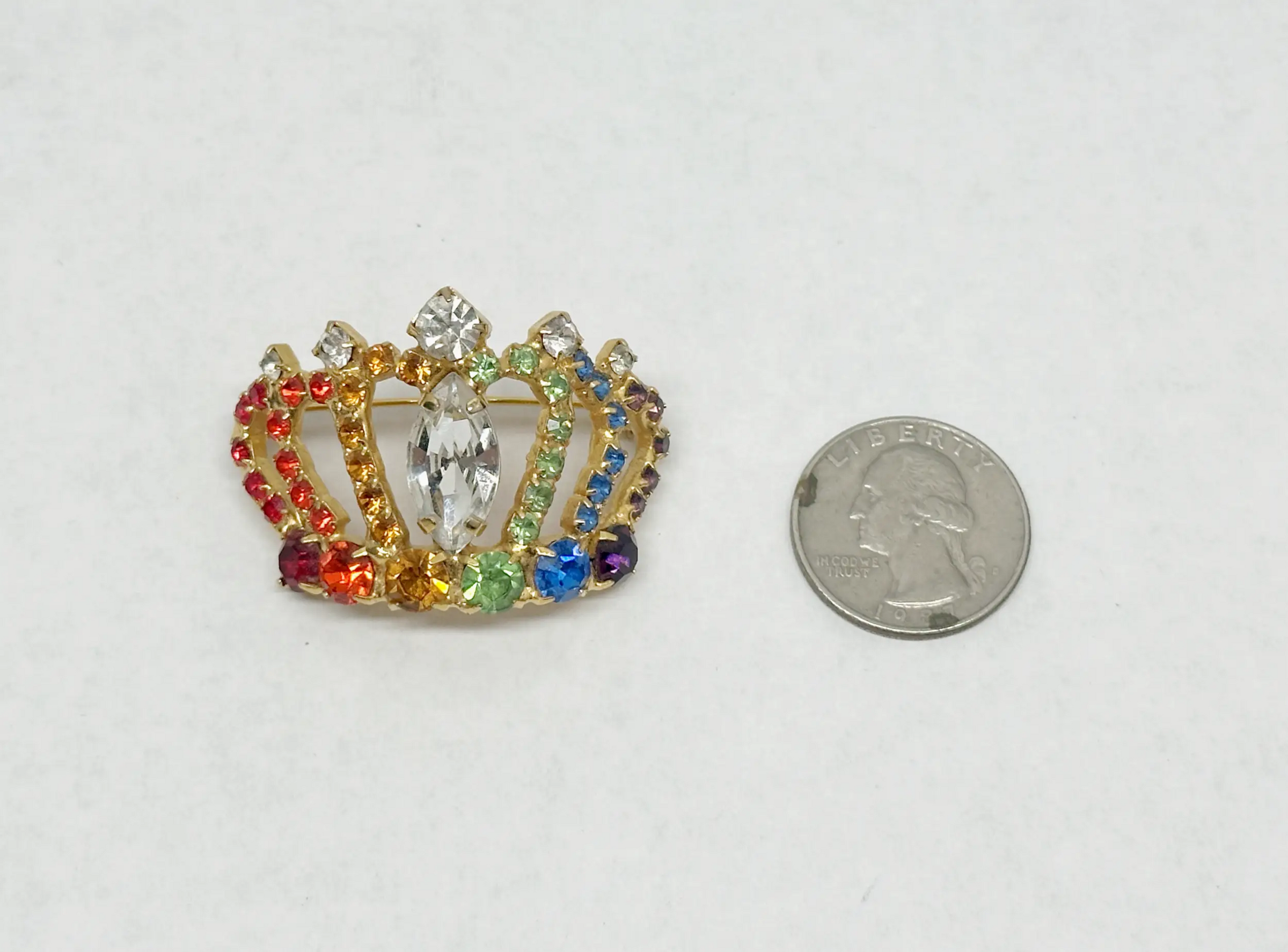 Dorothy Bauer Multi-Color Rhinestone Crown Brooch - Hers and His Treasures