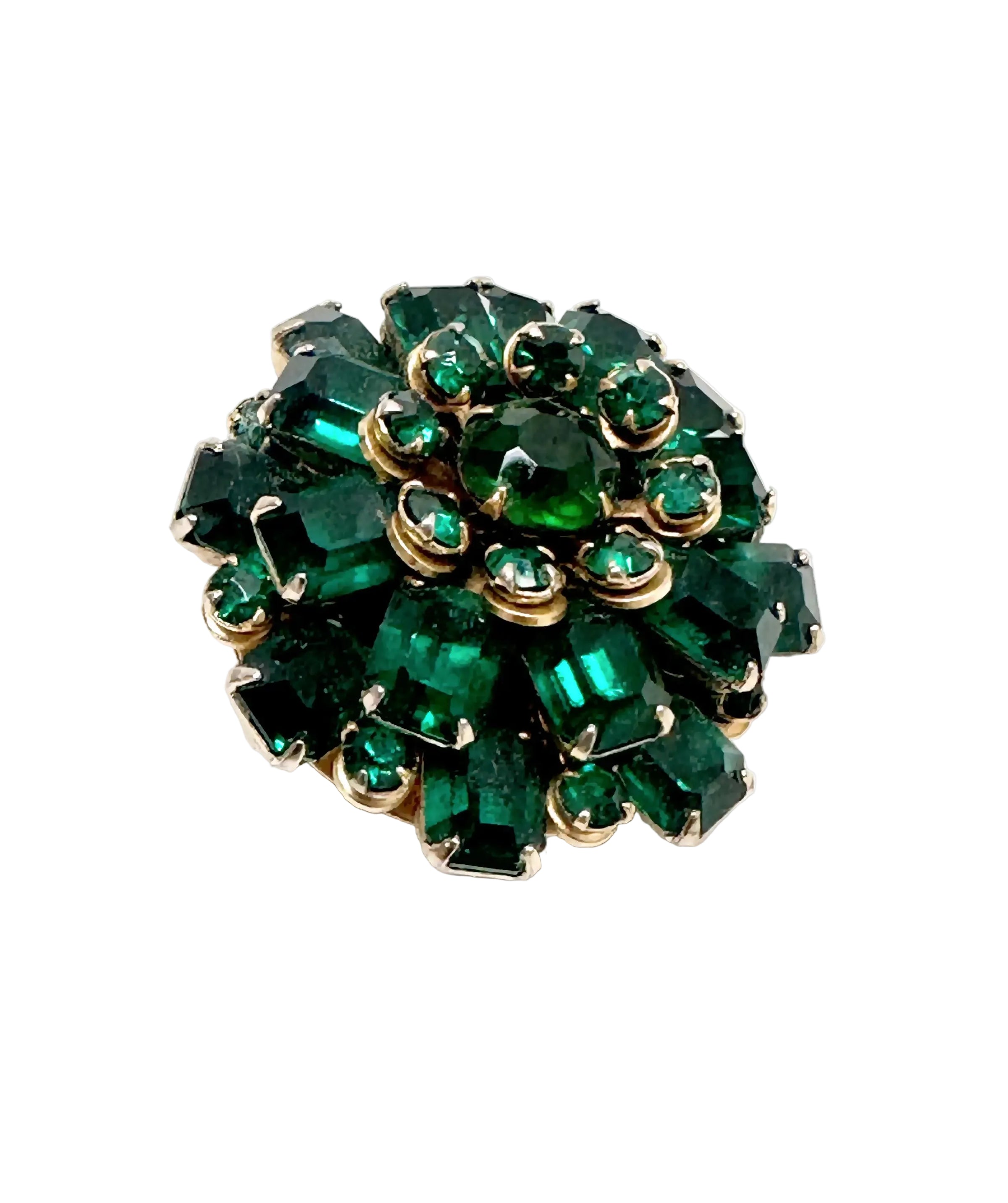 Mid Century Emerald Green Rhinestone Tiered Round Brooch Pin - Hers and His Treasures