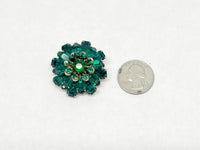 Mid Century Emerald Green Rhinestone Tiered Round Brooch Pin - Hers and His Treasures