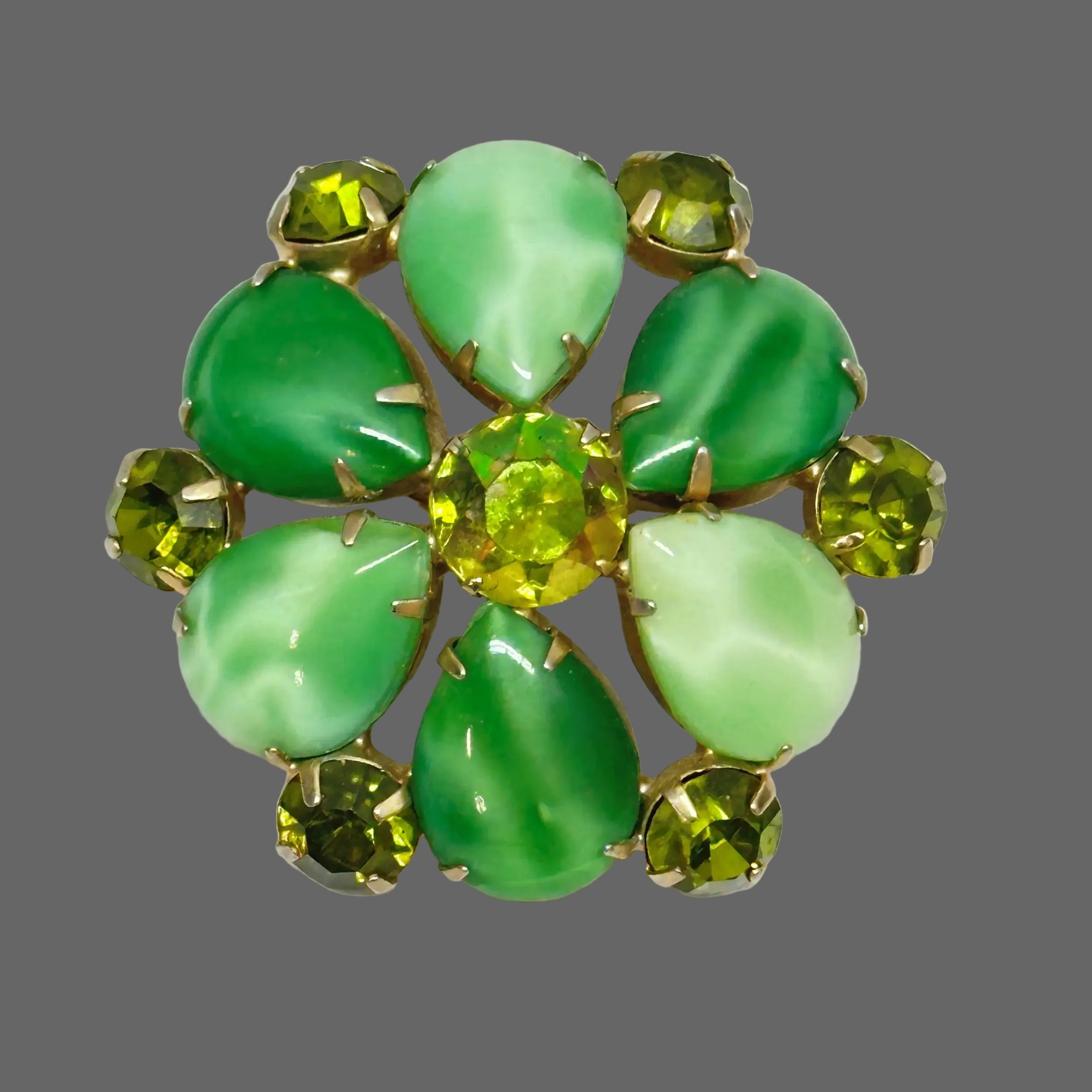 Juliana D&E Green Moonglow Cabochon and Citrine Rhinestone Flower Brooch - Hers and His Treasures