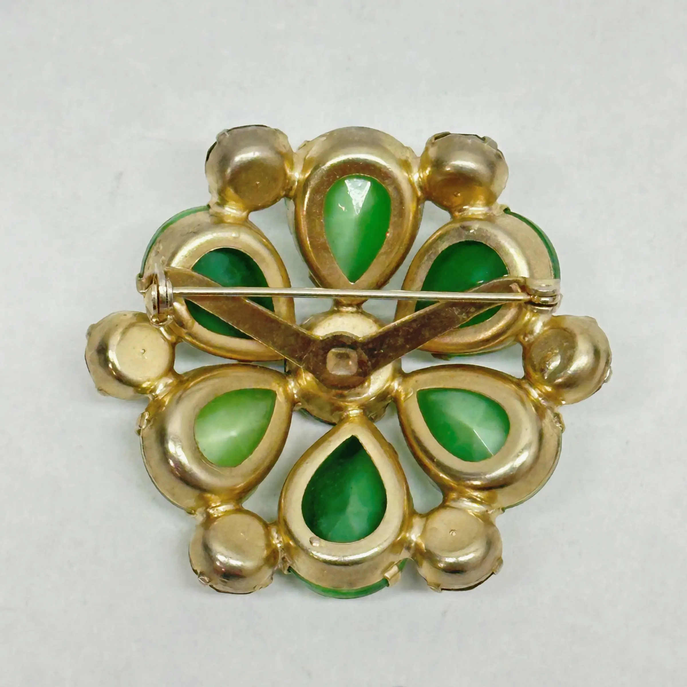 Juliana D&E Green Moonglow Cabochon and Citrine Rhinestone Flower Brooch - Hers and His Treasures