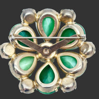 Juliana D&E Green Moonglow Cabochon and Citrine Rhinestone Flower Brooch - Hers and His Treasures