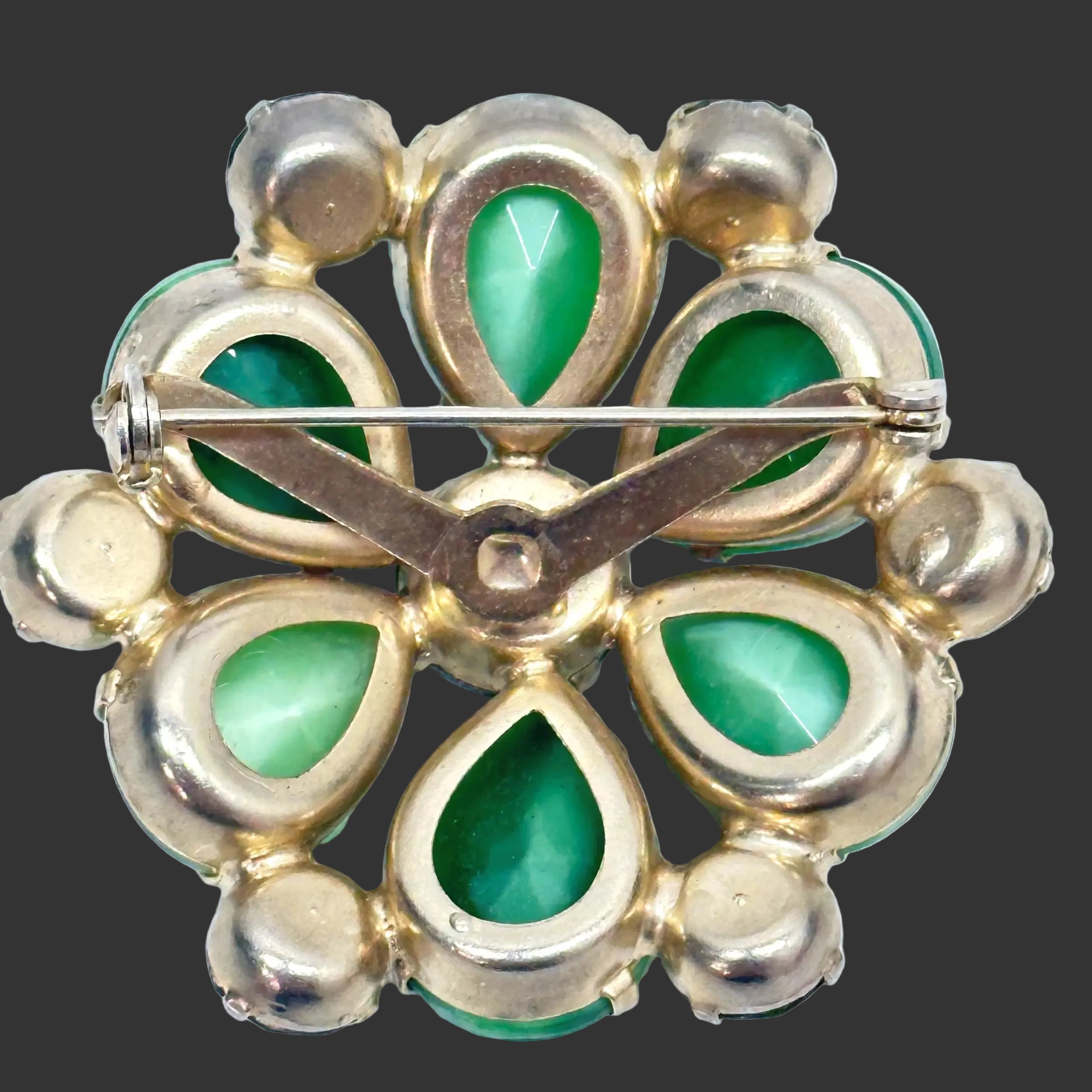 Juliana D&E Green Moonglow Cabochon and Citrine Rhinestone Flower Brooch - Hers and His Treasures