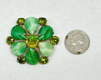Juliana D&E Green Moonglow Cabochon and Citrine Rhinestone Flower Brooch - Hers and His Treasures