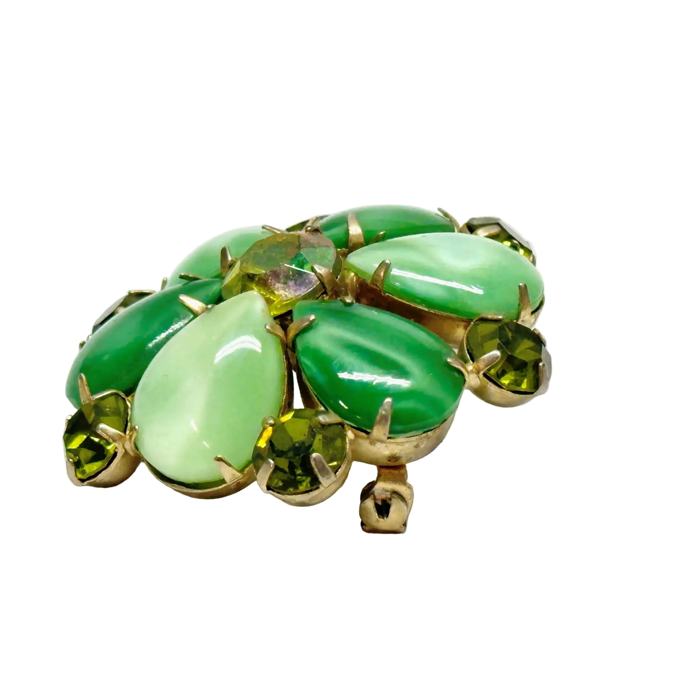 Juliana D&E Green Moonglow Cabochon and Citrine Rhinestone Flower Brooch - Hers and His Treasures