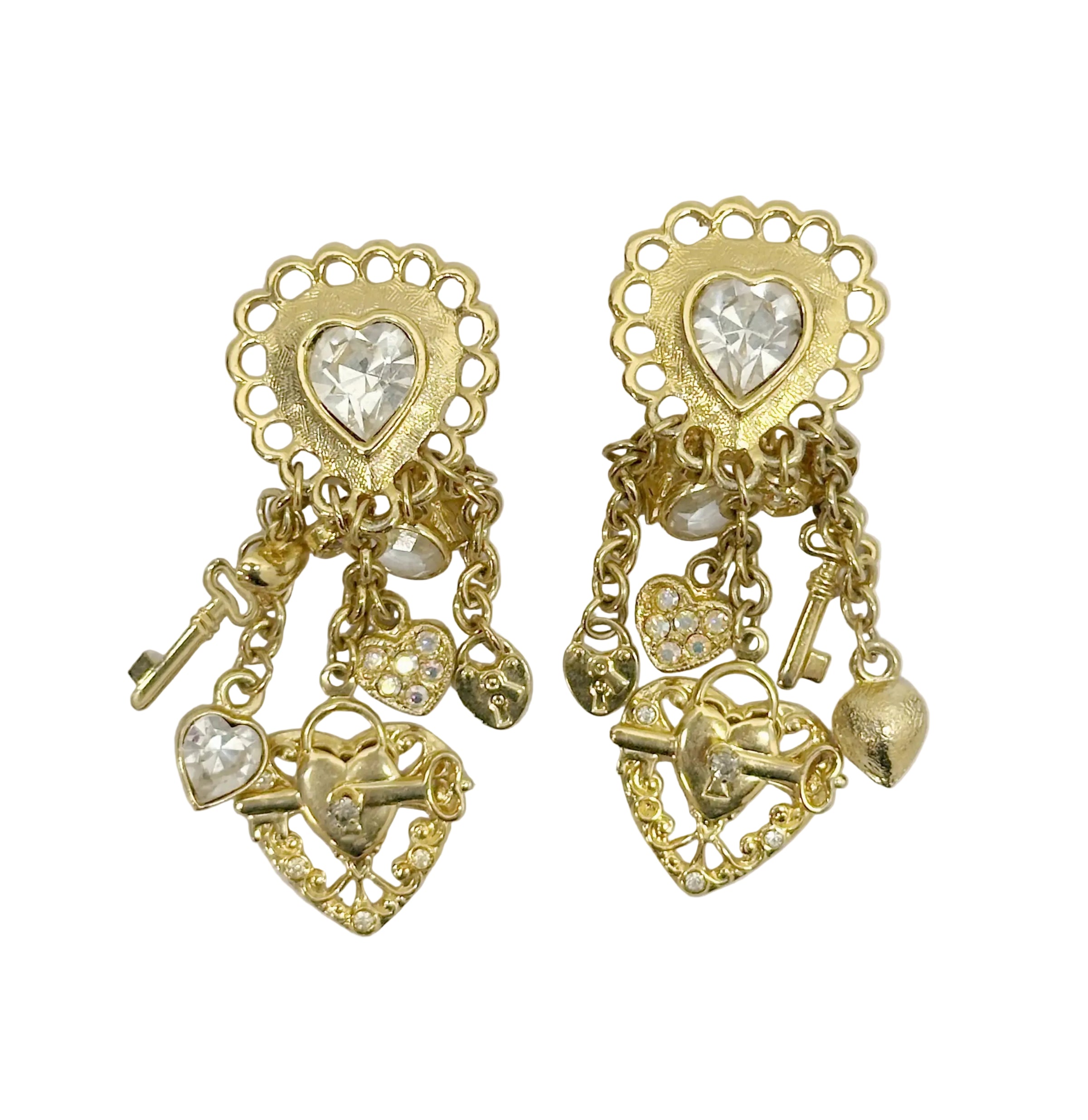 Retired Kirks Folly Rhinestone Heart Lock & Key Dangle Earrings - Hers and His Treasures