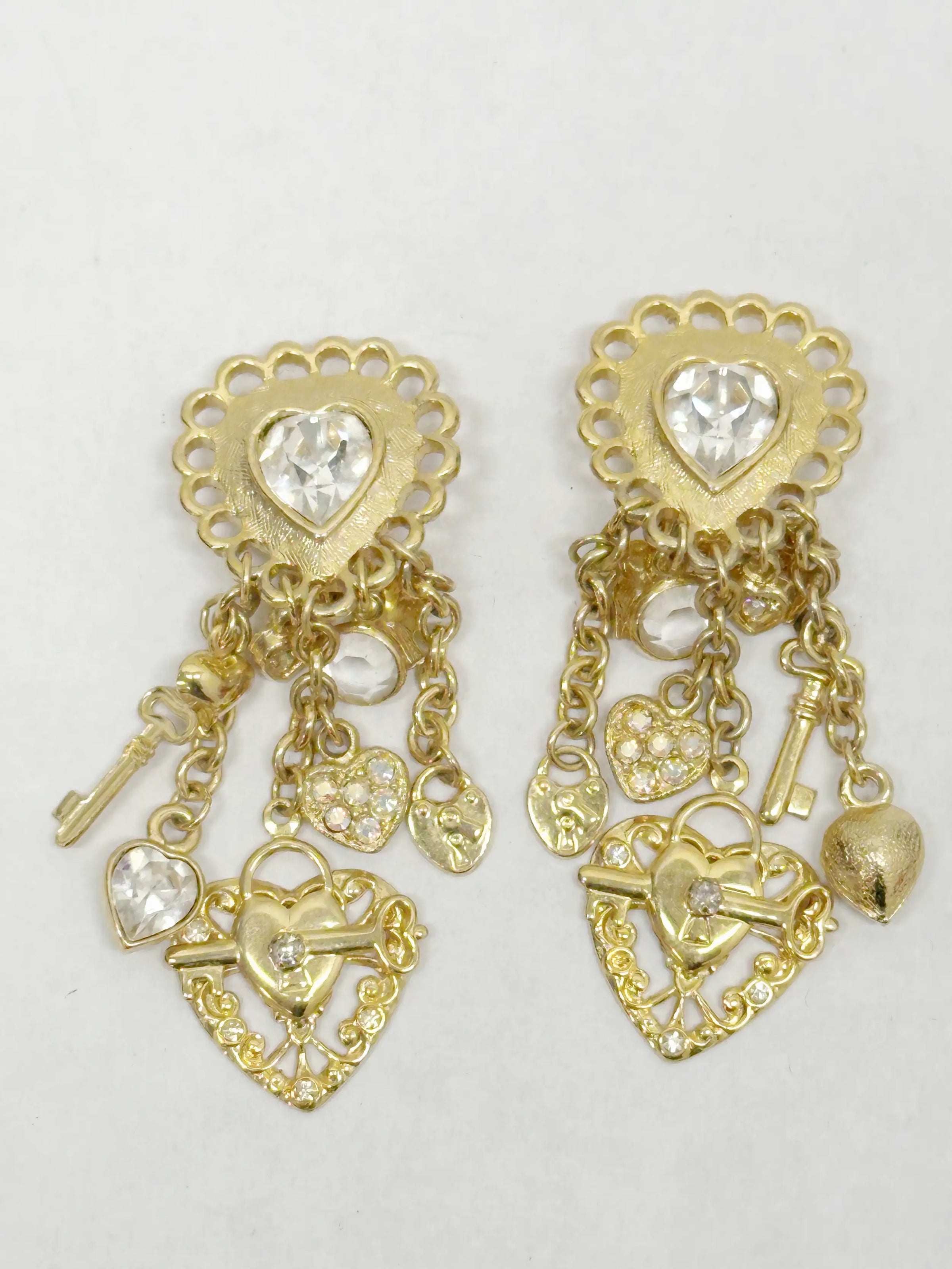 Retired Kirks Folly Rhinestone Heart Lock & Key Dangle Earrings - Hers and His Treasures