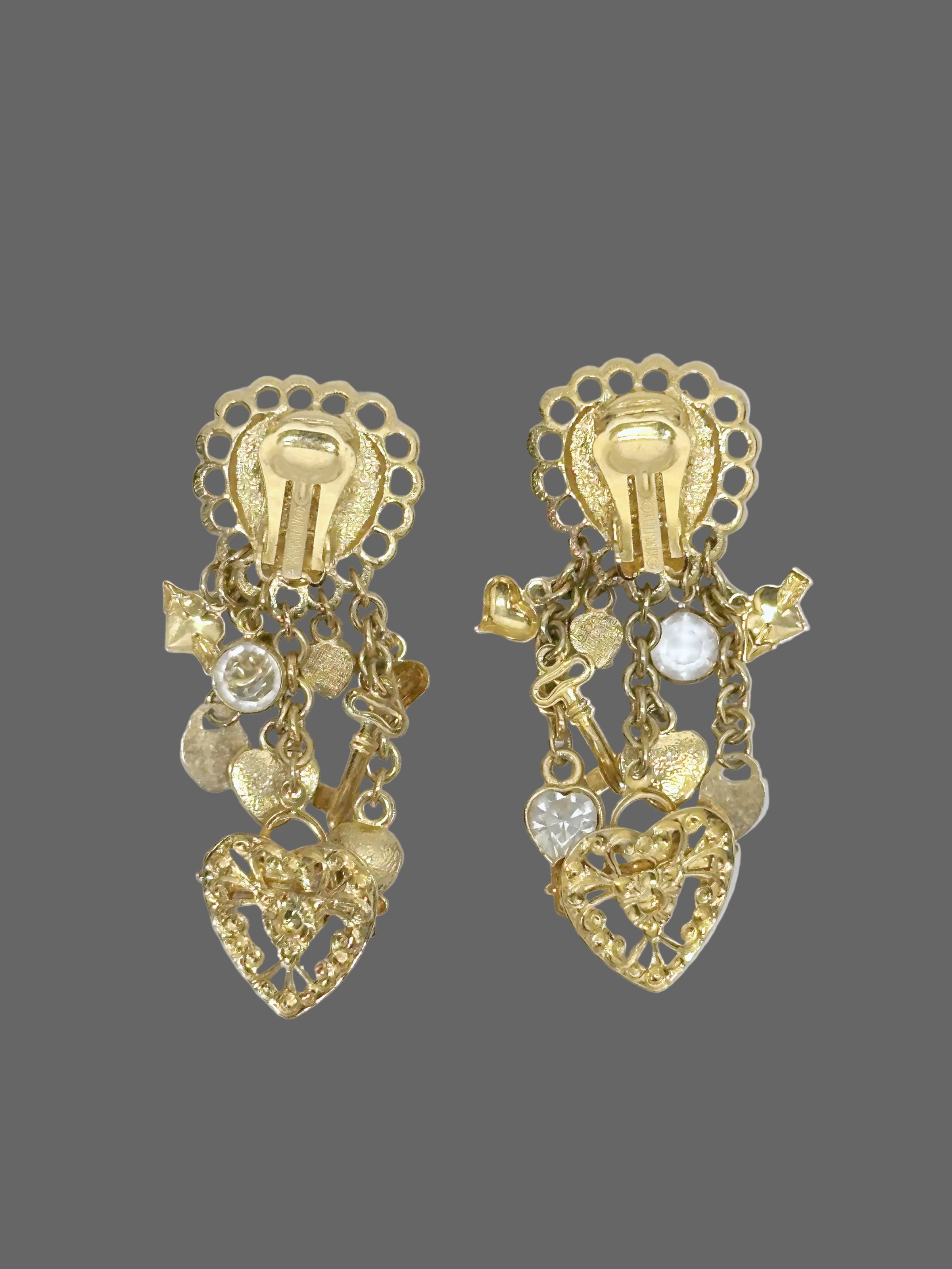 Retired Kirks Folly Rhinestone Heart Lock & Key Dangle Earrings - Hers and His Treasures