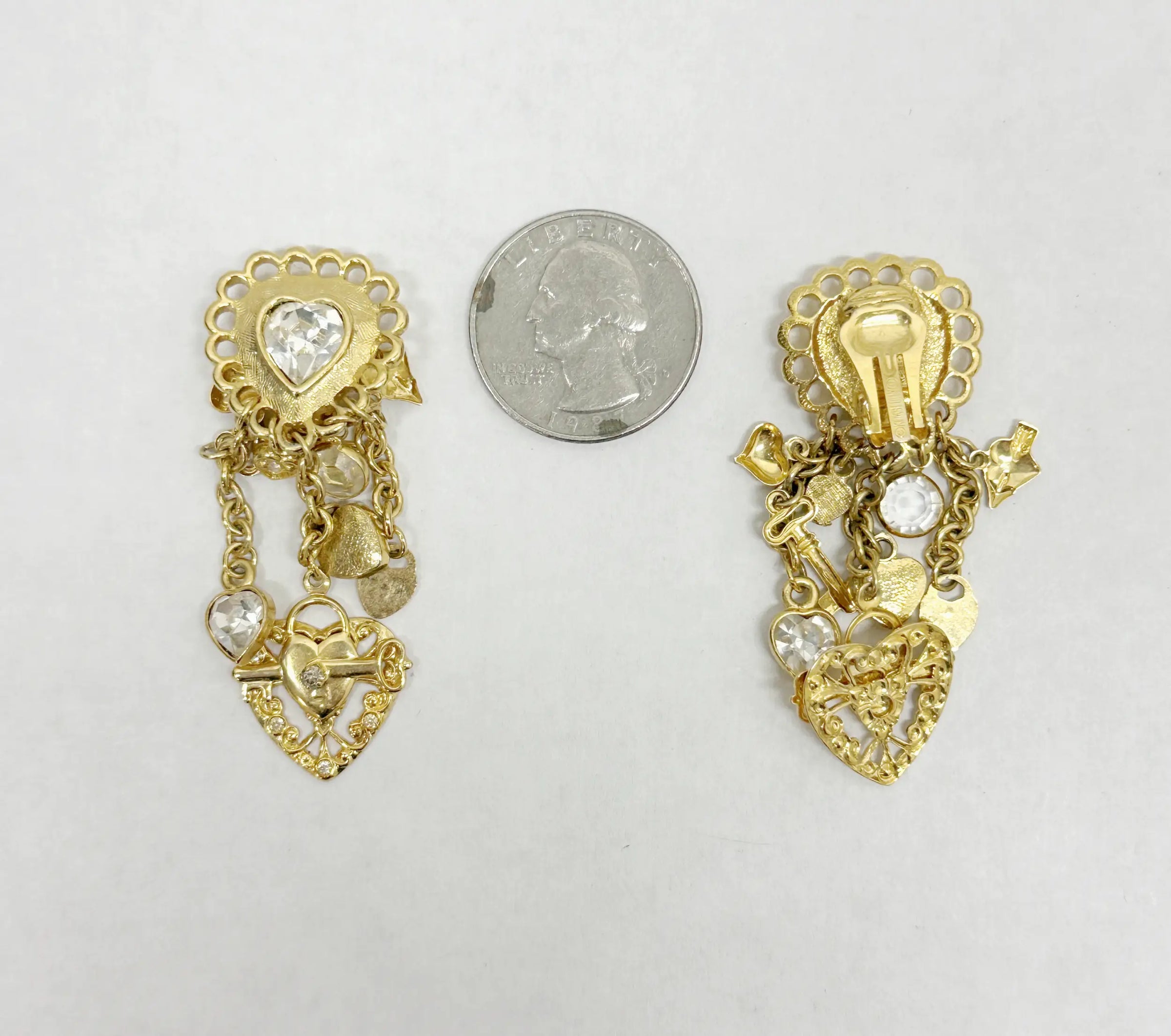 Retired Kirks Folly Rhinestone Heart Lock & Key Dangle Earrings - Hers and His Treasures