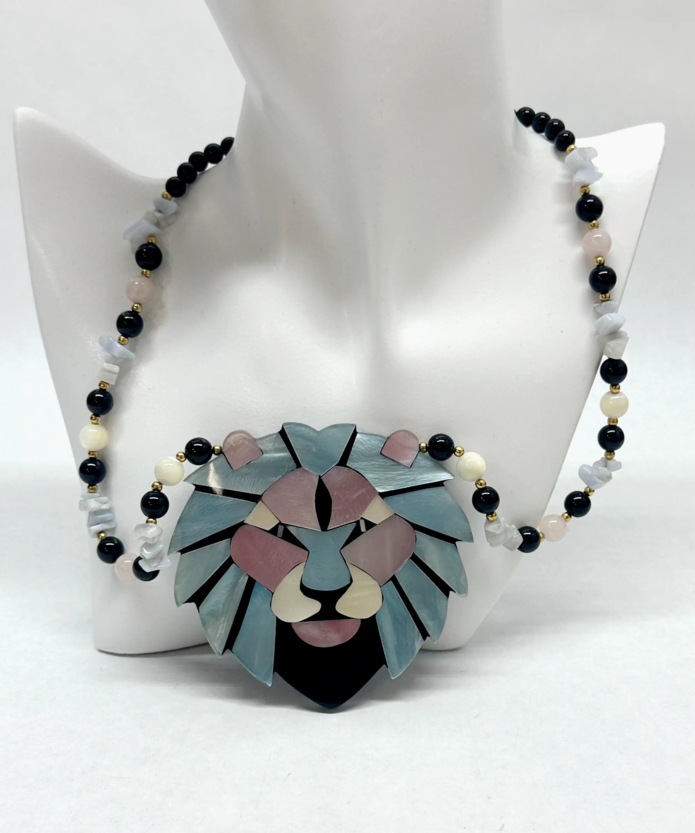 1980's LEE SANDS Mother of Pearl Lions Head Necklace - Hers and His Treasures