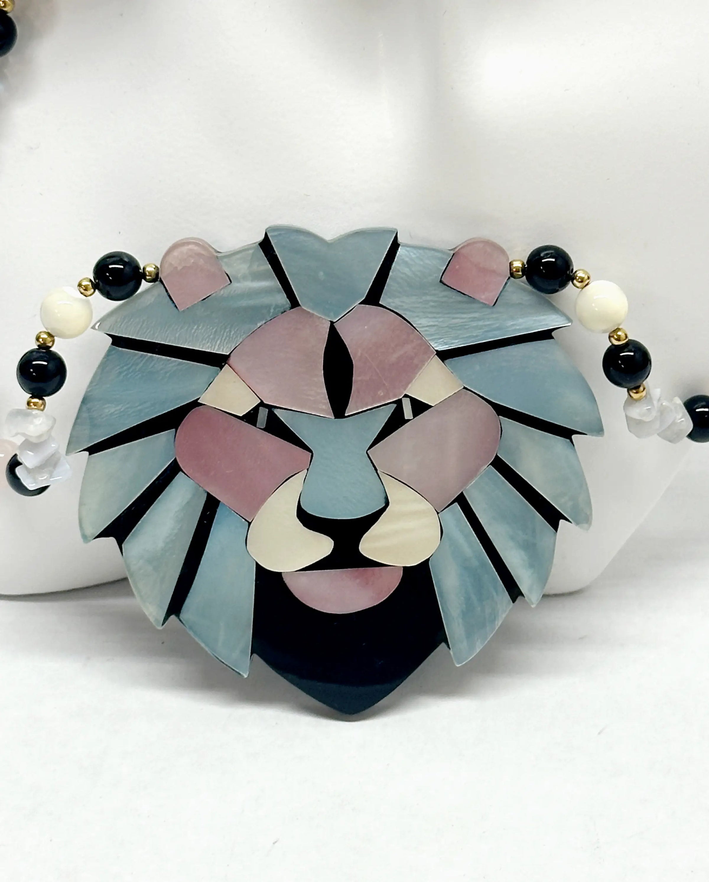 1980's LEE SANDS Mother of Pearl Lions Head Necklace - Hers and His Treasures