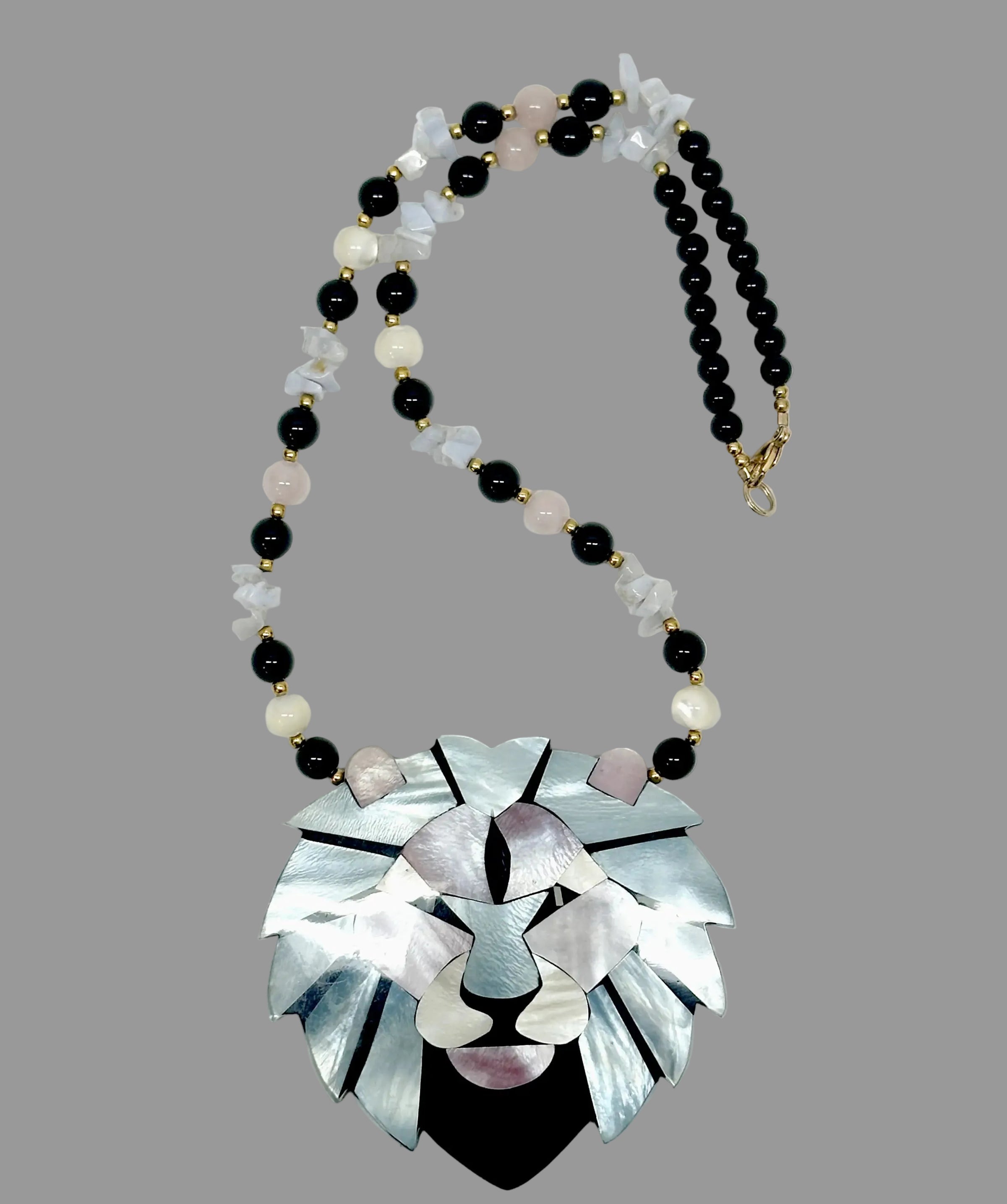 1980's LEE SANDS Mother of Pearl Lions Head Necklace - Hers and His Treasures
