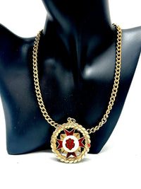 Mid-Century Maltese Cross Gold Tone Red Enamel Pendant Necklace - Hers and His Treasures