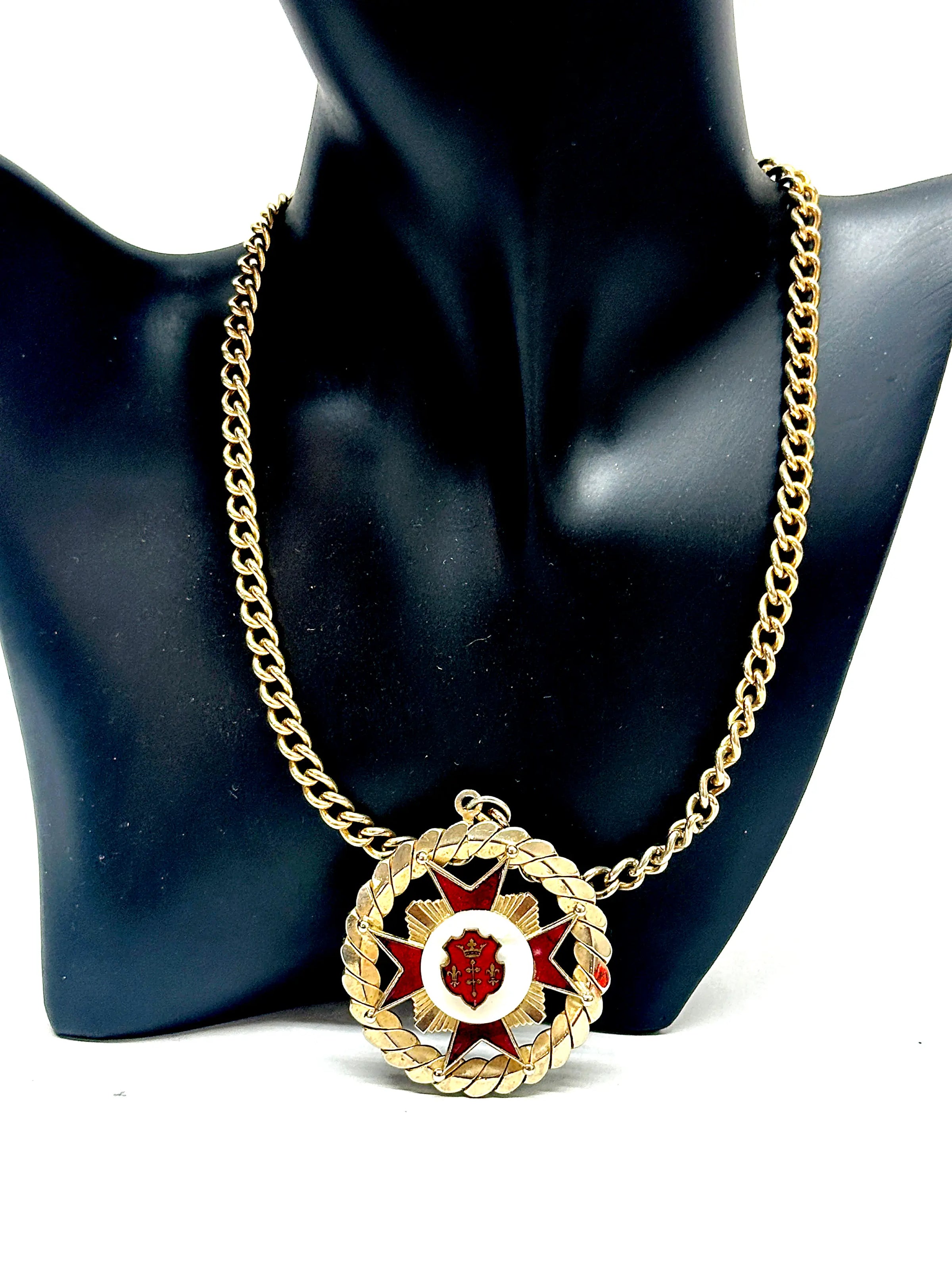 Mid-Century Maltese Cross Gold Tone Red Enamel Pendant Necklace - Hers and His Treasures