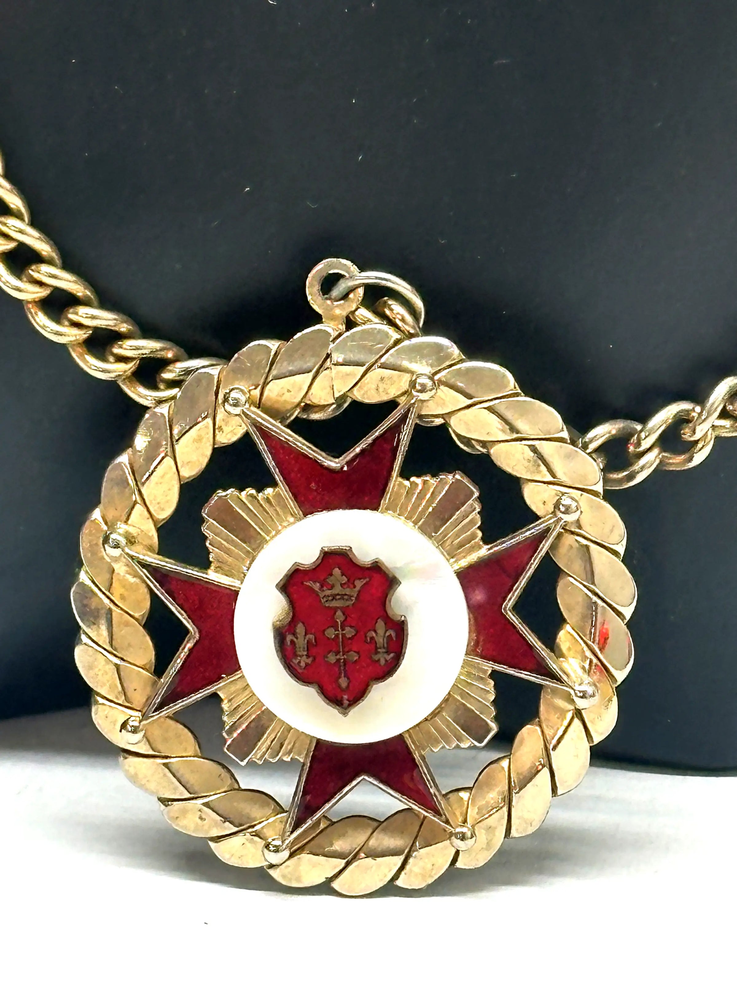 Mid-Century Maltese Cross Gold Tone Red Enamel Pendant Necklace - Hers and His Treasures