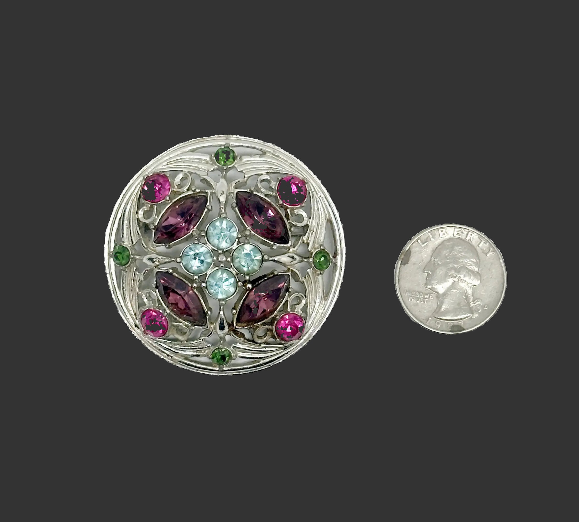 1973 Sarah Coventry Springtime Rhinestone Round Brooch - Hers and His Treasures