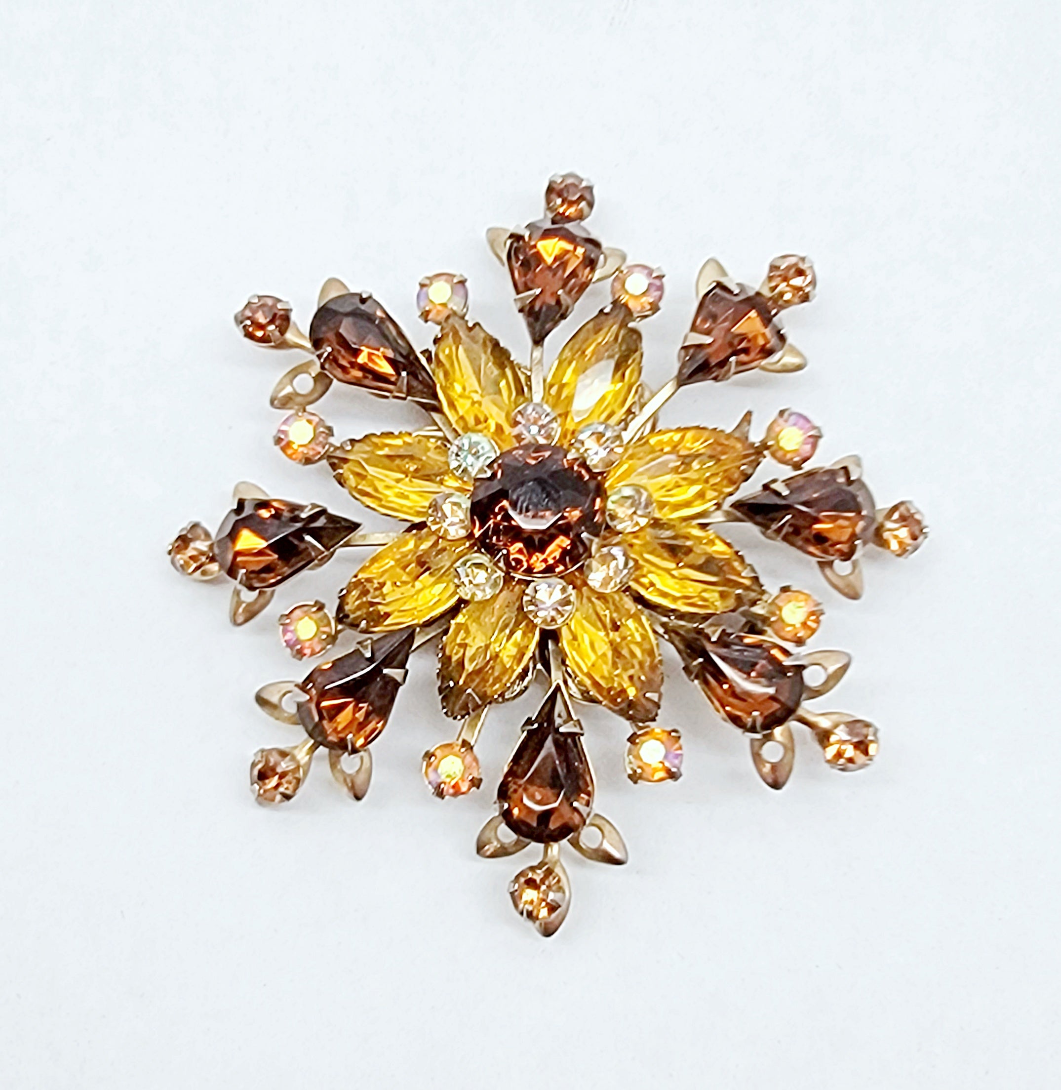 Vintage Gold Tone Amber, Brown and AB Rhinestone Brooch Pin - Hers and His Treasures