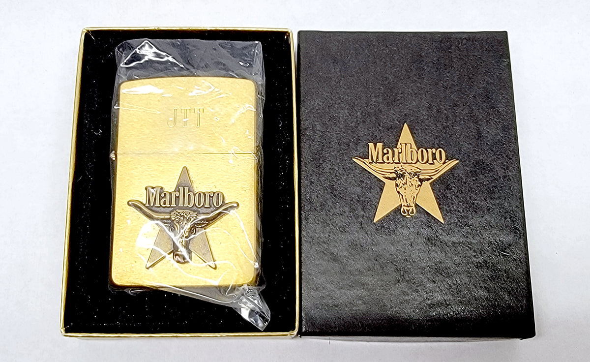 New VIII 1992 Marlboro Star Longhorn Steer Brass Zippo Lighter in Box - Hers and His Treasures