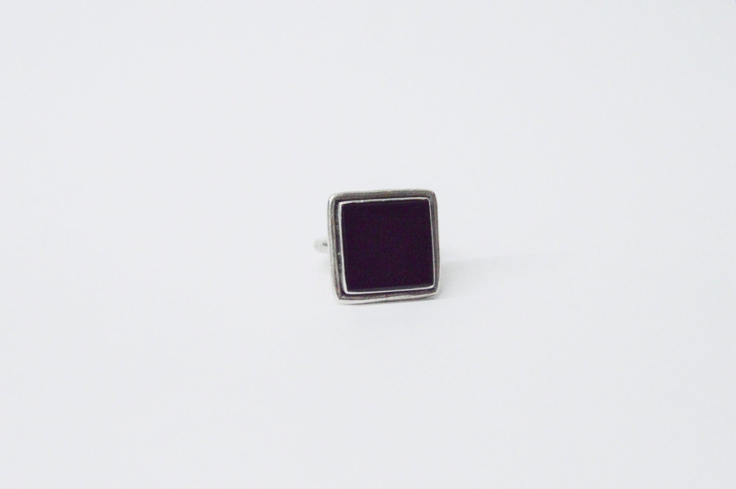 Modernist Square Black Onyx .925 Sterling Silver Ring - Hers and His Treasures