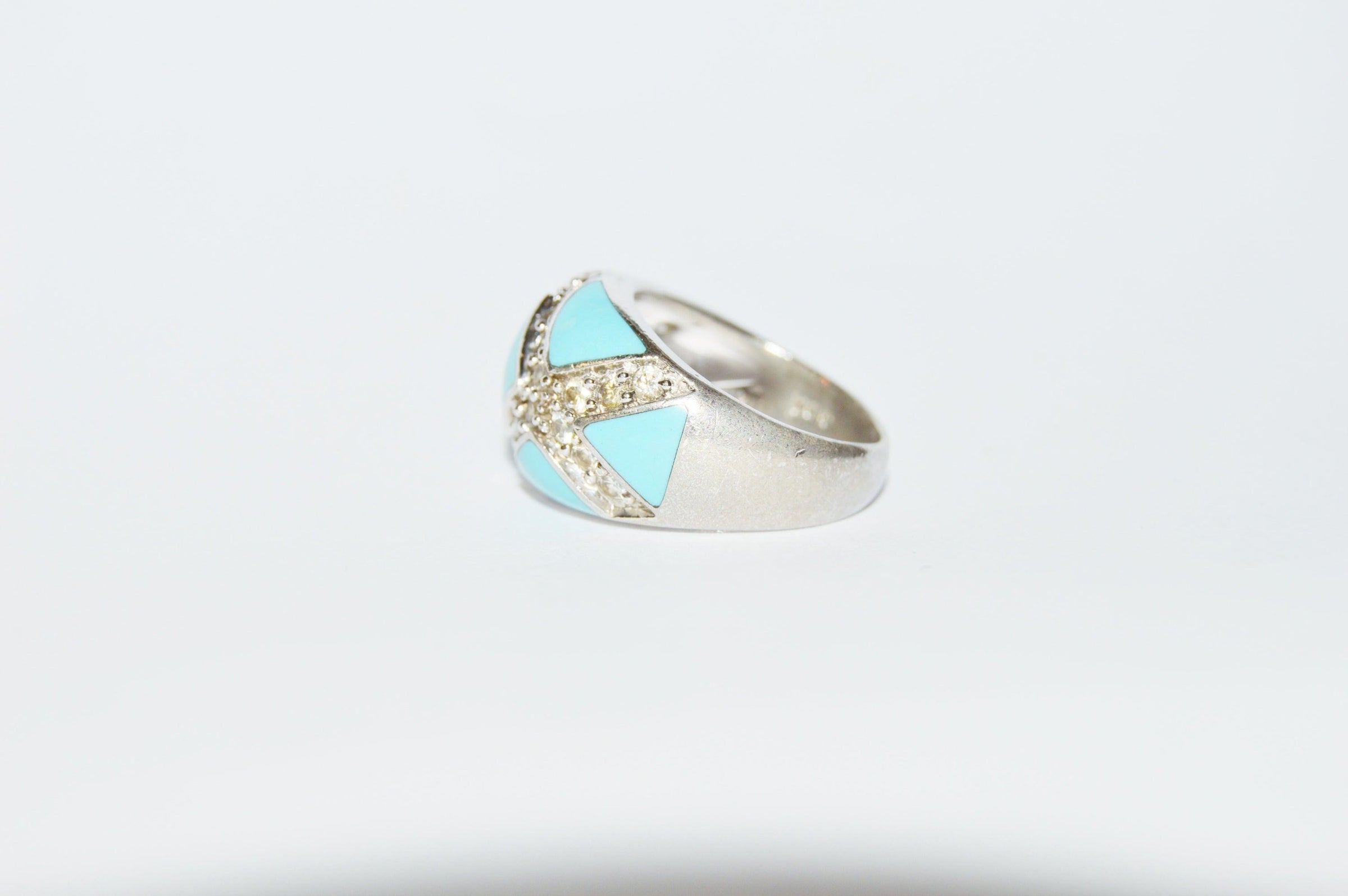 Sterling Silver .925 Turquoise And CZ Band Ring - Hers and His Treasures