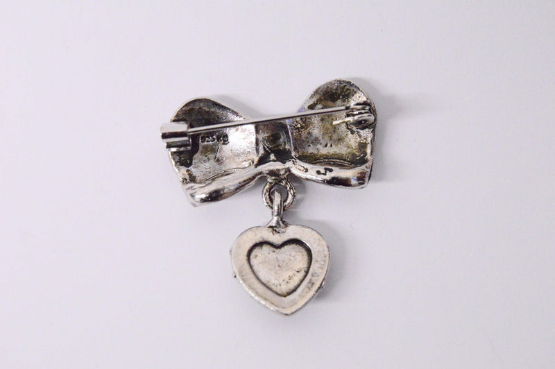 Ribbon Bow W/ Dangling Heart .925 Sterling Silver Brooch Pin - Hers and His Treasures