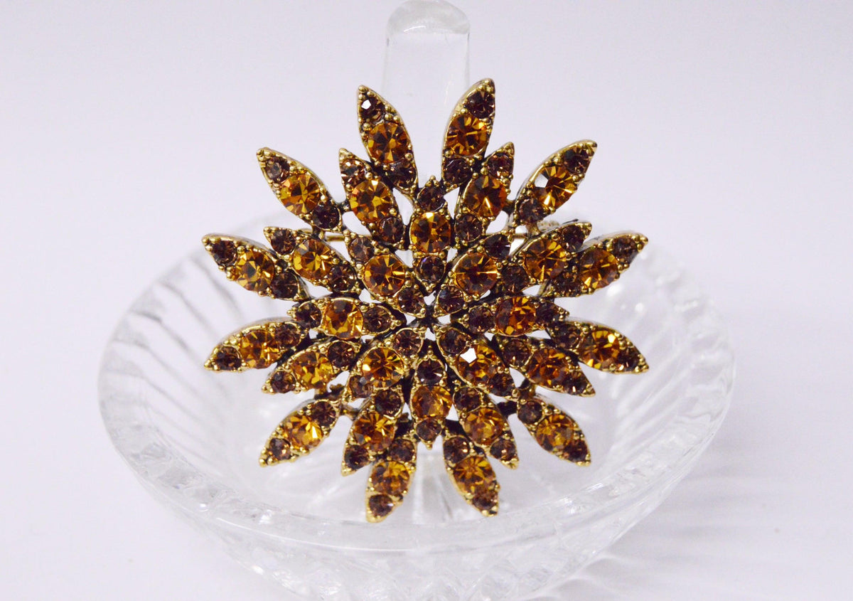 Orange And Brown Rhinestone Star Flower Brooch Pin - Hers and His Treasures