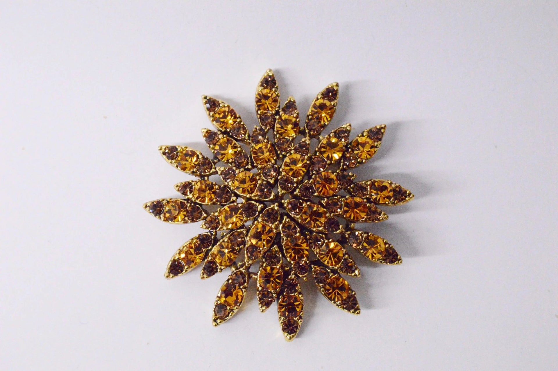 Orange And Brown Rhinestone Star Flower Brooch Pin Hers and His Treasures