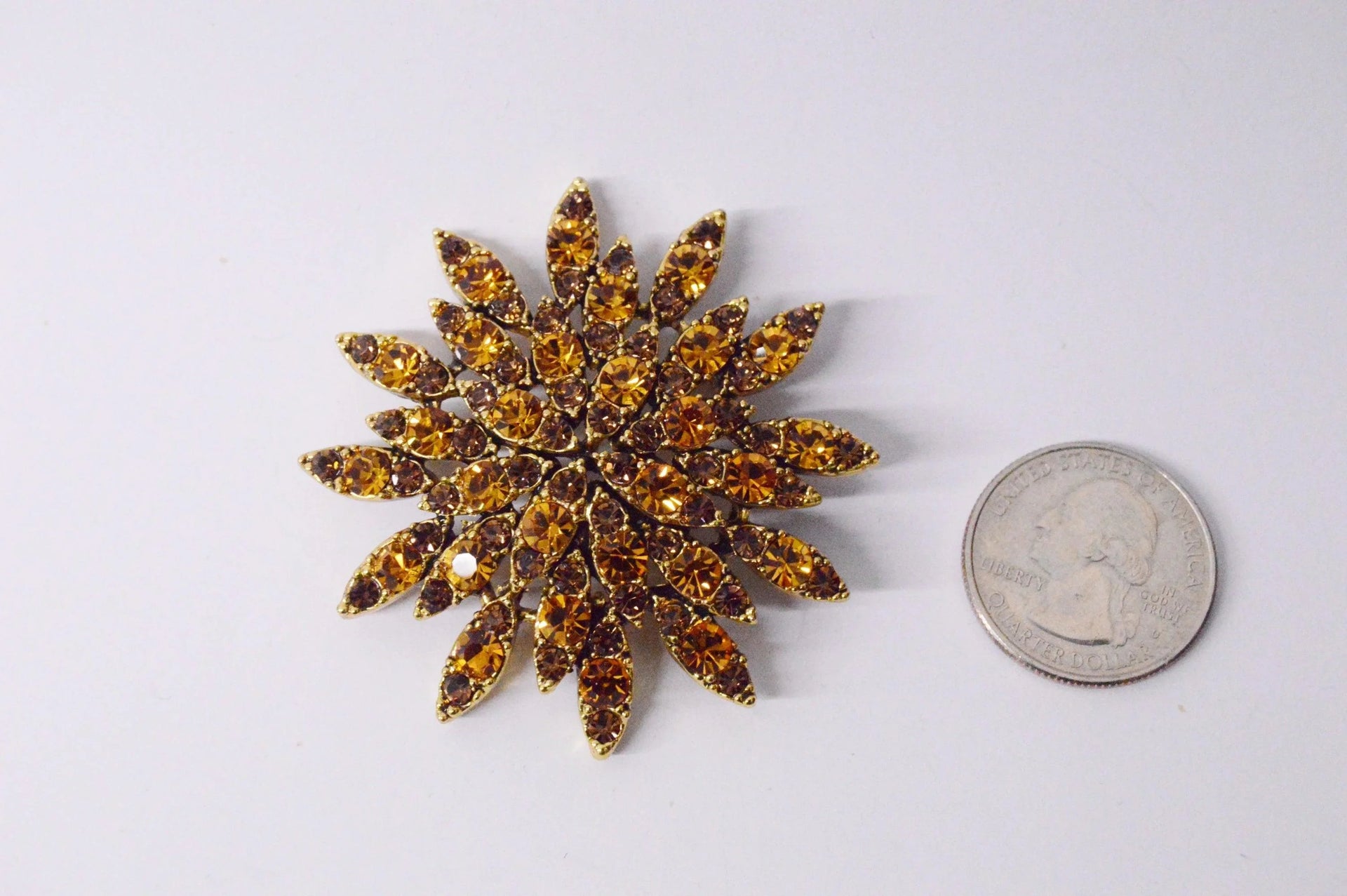 Orange And Brown Rhinestone Star Flower Brooch Pin Hers and His Treasures