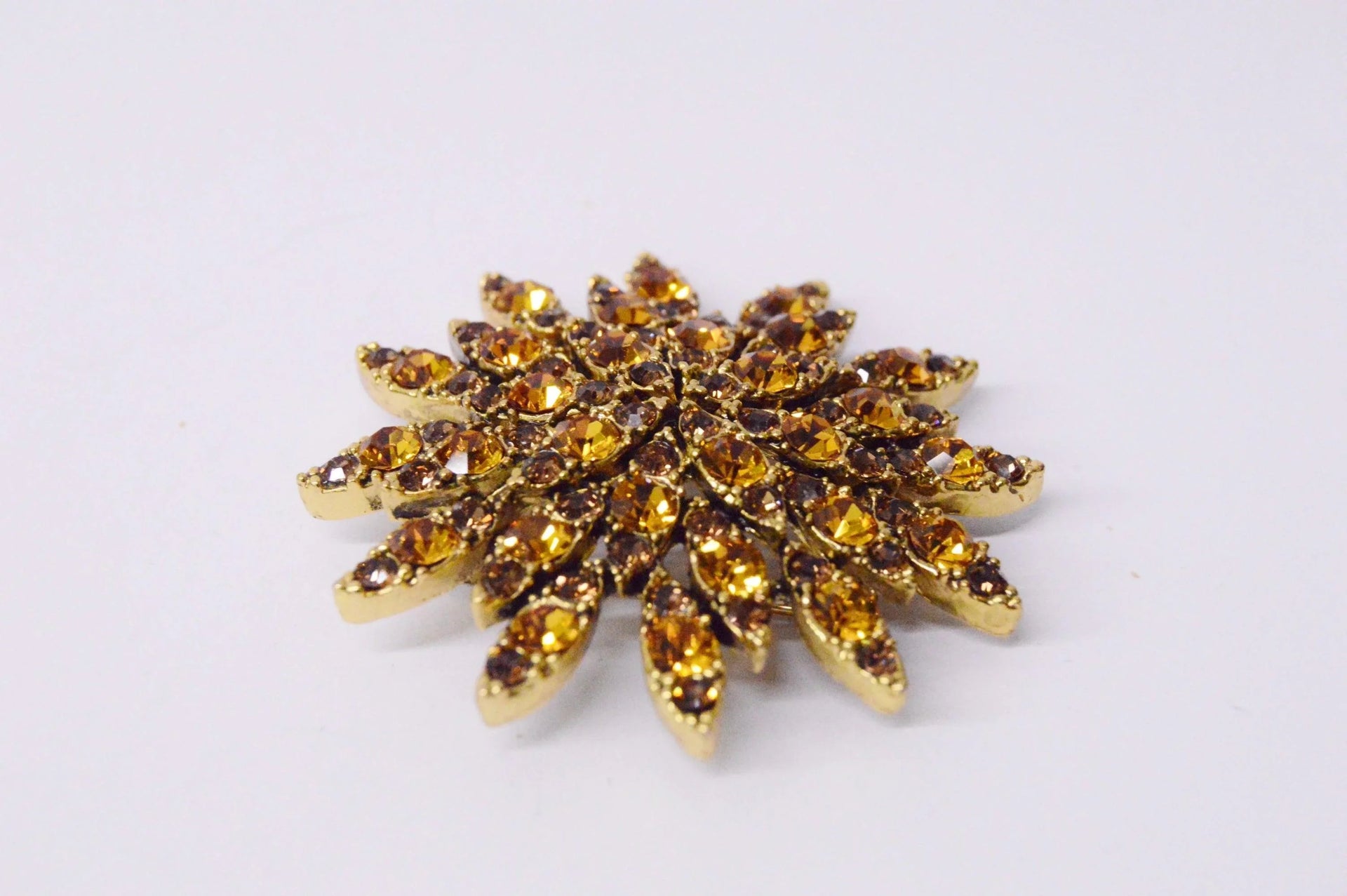 Orange And Brown Rhinestone Star Flower Brooch Pin Hers and His Treasures
