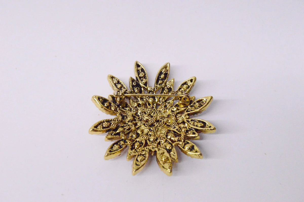 Orange And Brown Rhinestone Star Flower Brooch Pin Hers and His Treasures
