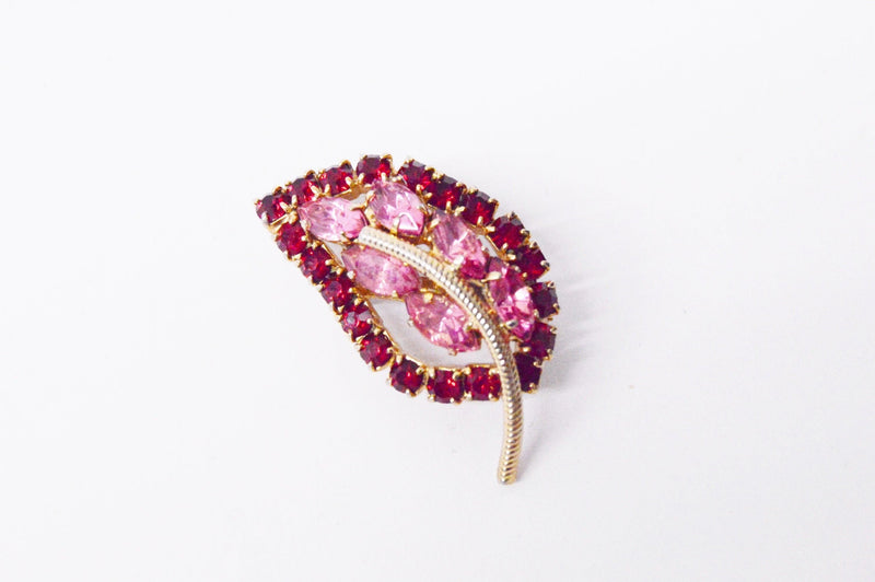 Red And Pink Rhinestone Gold Tone Leaf Brooch Pin - Hers and His Treasures