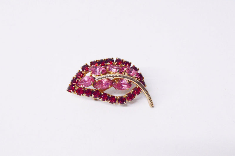 Red And Pink Rhinestone Gold Tone Leaf Brooch Pin - Hers and His Treasures