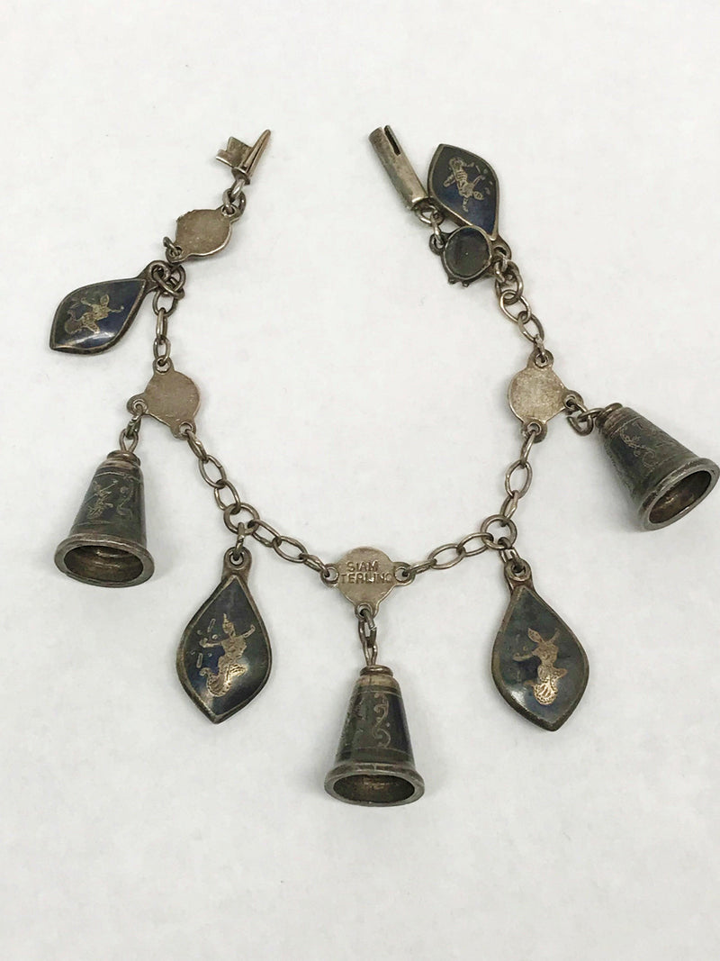 Vintage Siam Niello Sterling Silver Bell Charm Bracelet - Hers and His Treasures