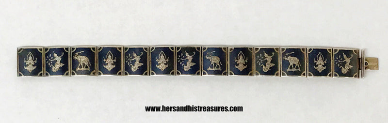 Vintage Siam Niello Mekela & Elephants Hinged Panel Sterling Silver Bracelet - Hers and His Treasures