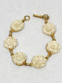 Vintage Gold Tone Carved Plastic Flower Link Bracelet - Hers and His Treasures