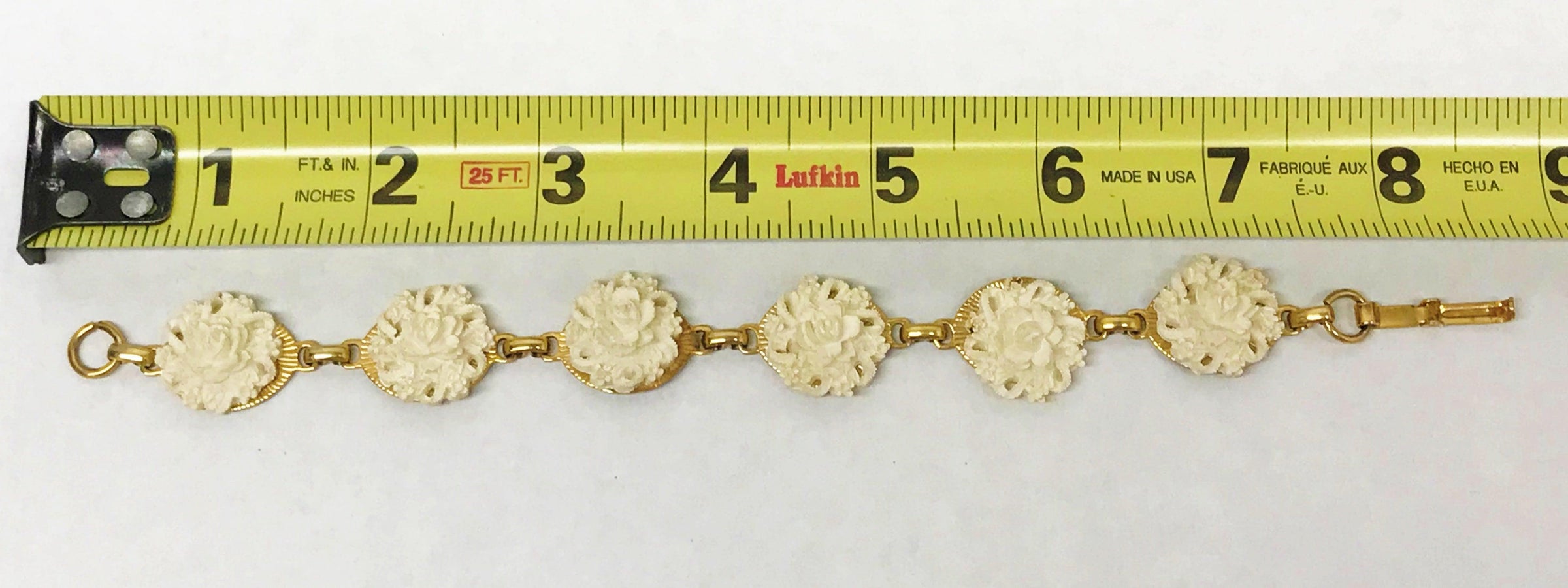 Vintage Gold Tone Carved Plastic Flower Link Bracelet - Hers and His Treasures